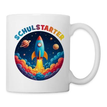 Lustige Bubble Rakete mit Planeten - Schulstarter - Tasse - Weiß - Rechts