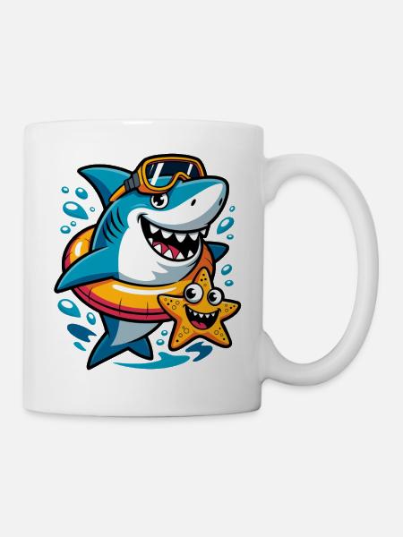 Lustiger Hai mit Seestern - Tasse - Weiß
