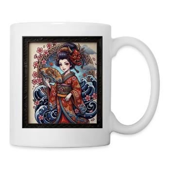 Geisha mit Dämonenmaske und Wellen - Tasse - Weiß - Rechts