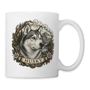 Husky in vintage style with mountain landscape - Mug - white - Right