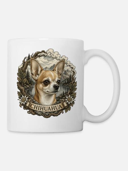 Chihuahua im Vintage Stil mit Berglandschaft - Tasse - Weiß