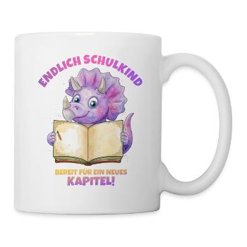 Endlich Schulkind Aquarell Dino mit Buch - lila - Tasse - Weiß - Rechts