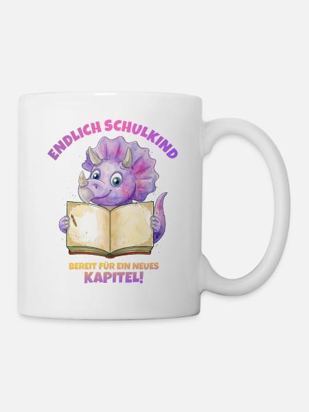 Endlich Schulkind Aquarell Dino mit Buch - lila - Tasse - Weiß