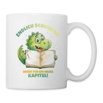 Endlich Schulkind Aquarell Dino mit Buch - grün  - Tasse - Weiß - Rechts