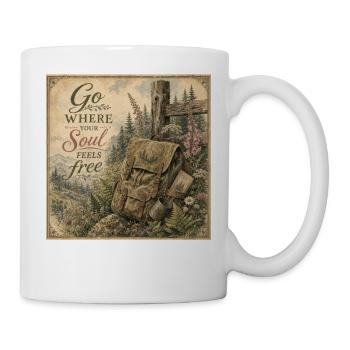 Hiking Backpack Retro Mural Nature Decoration Poster - Mug - white - Right
