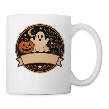 Gespenst Kürbis Katze T-Shirt Halloween Retro - Tasse - Weiß - Rechts