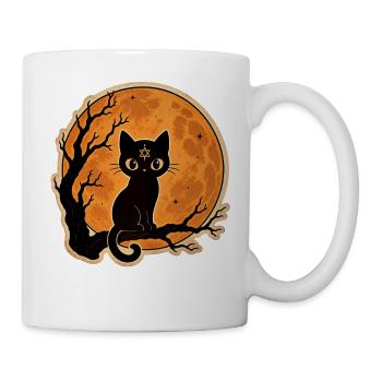 Schwarze Katze vor Vollmond Halloween Motiv - Tasse - Weiß - Rechts