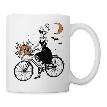 Skelett Frau auf Fahrrad – Halloween & Kürbis - Tasse - Weiß - Rechts