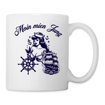 Moin mien Jung – Maritimes Retro Pin Up Tattoo - Tasse - Weiß - Rechts