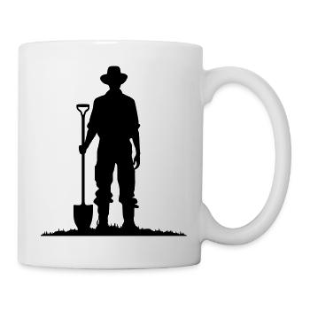Bauer mit Schaufel auf Wiese Silhouette - Tasse - Weiß - Rechts