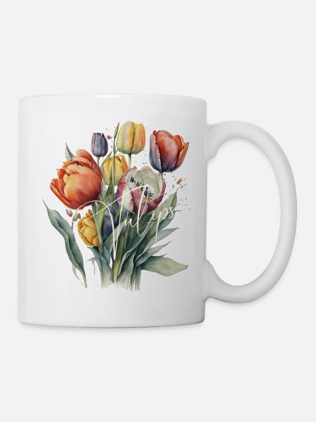Aquarell-Tulpenbouquet-Schrift - Tasse - Weiß