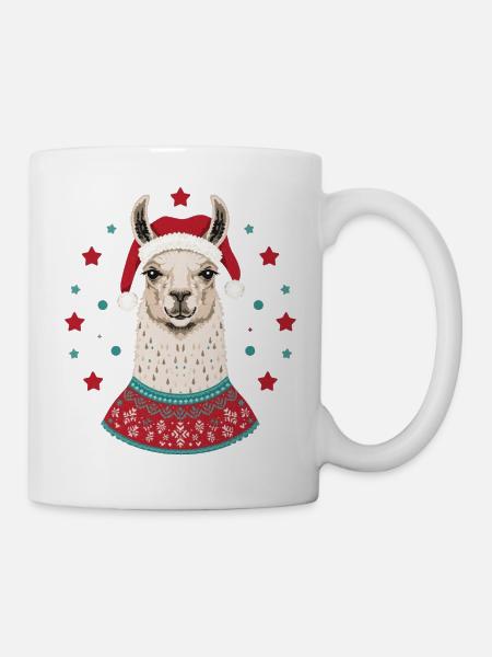 Weihnachtslama mit Mütze & Pullover - Tasse - Weiß