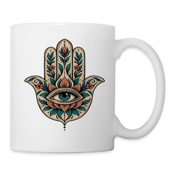 Blaue Blumen-Hamsa-Zentralauge, Hand von Fatima - Tasse - Weiß - Rechts