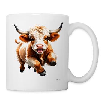 Comic Highland Rind rennt lustig auf dich zu Shirt - Tasse - Weiß - Rechts