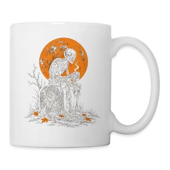 Skelett mit Kaffeetasse auf dem Grabstein - Tasse - Weiß - Rechts