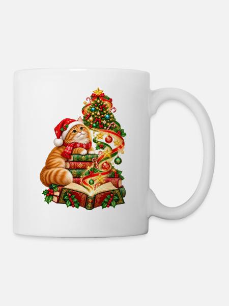 Weihnachtslesekatze und Bücher - Tasse - Weiß