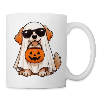 Halloween Hund im Geisterkostüm mit Kürbiskorb - Tasse - Weiß - Rechts