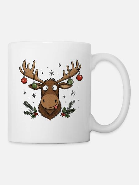 Lustiger Elch mit Christbaumkugeln - Tasse - Weiß