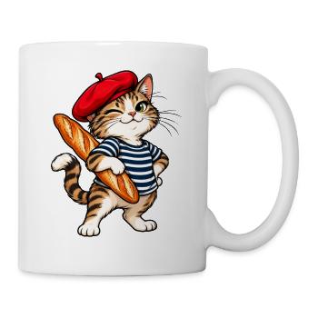 Süße französische Katze mit Baskenmütze & Baguette - Tasse - Weiß - Rechts