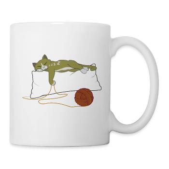 Sleeping shirt cat on pillow with balls of wool - Mug - white - Right