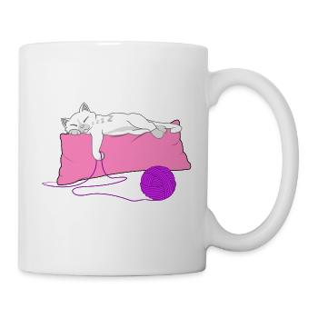Sleeping shirt cat on pillow with balls of wool - Mug - white - Right