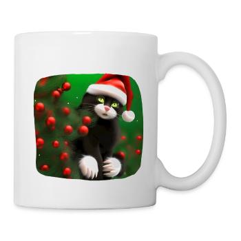 Katze in Weihnachtsmütze und mit Seifenblasen - Tasse - Weiß - Rechts