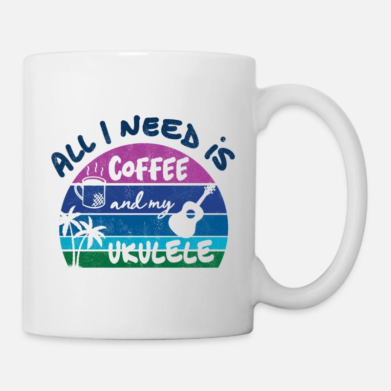 All I need is coffee and my Ukulele - retro sunset - Tasse - Weiß