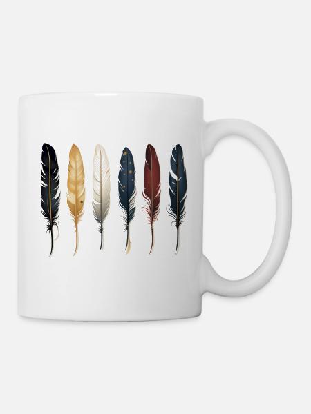 6 einzelne Federn nebeneinander, Indianer, Muster - Tasse - Weiß