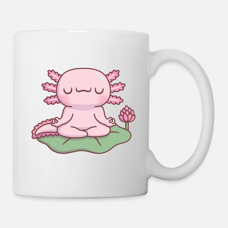 Cute Axolotl Meditating On Lotus Leaf - Mug - white