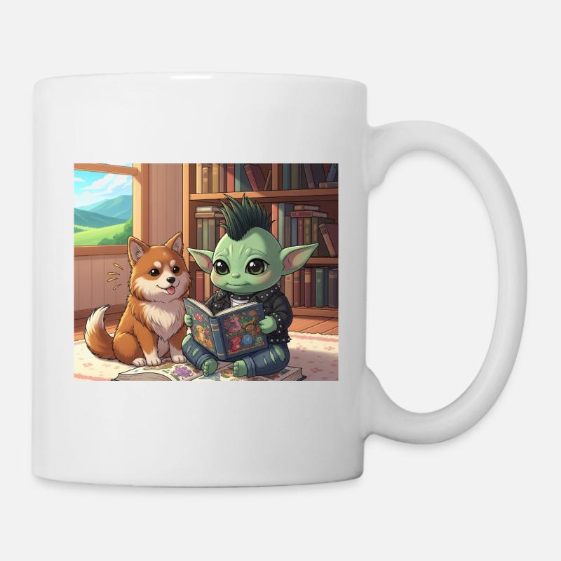 Mischender Kobold mit Hund im Bücherzimmer - Tasse - Weiß