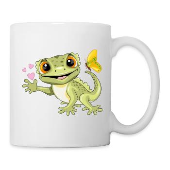 Gecko souriant drôle avec papillon et coeurs - Mug blanc - blanc - Droite