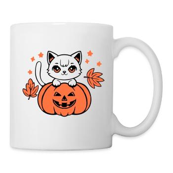 Herbst Katze Weiß Kürbis Ahorn Blatt Süß Halloween - Tasse - Weiß - Rechts