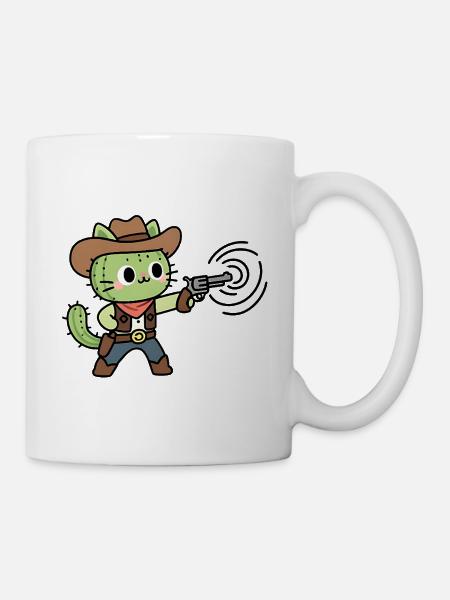 Grüne Cowboykatze mit Pistole - Tasse - Weiß