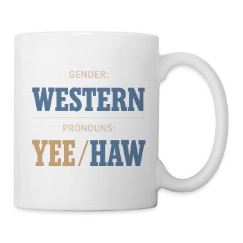 Lustiges Pronomen Yee Haw T-shirt Cowboy Humor - Tasse - Weiß - Rechts