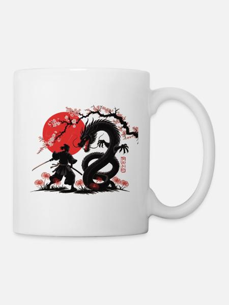 Samurai vs Drache Shirt Drachenkampf - Tasse - Weiß