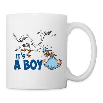 Storch mit dem kleinen Jungen; "Es ist ein Junge" - Tasse - Weiß - Rechts