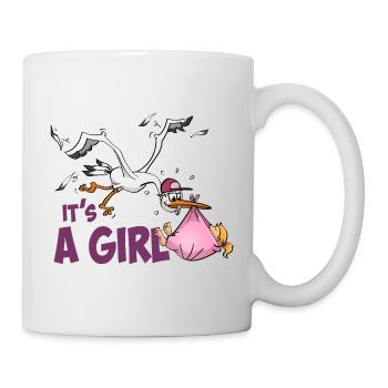 Storch mit Mädchen; "Es ist ein Mädchen" - Tasse - Weiß - Rechts
