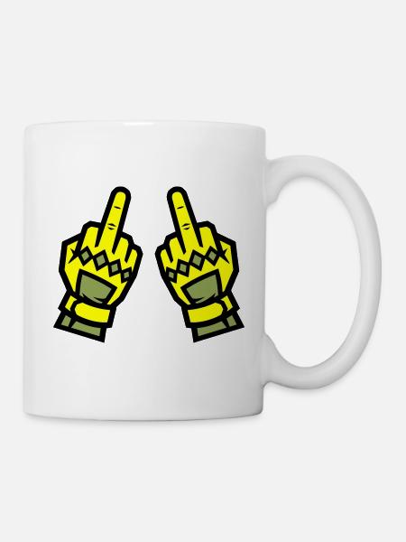 Zwei Mittelfinger Handschuhe Gelb Symbol - Tasse - Weiß
