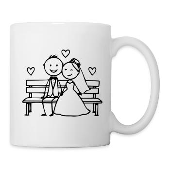 Wedding couple cartoon on the bench - Mug - white - Right