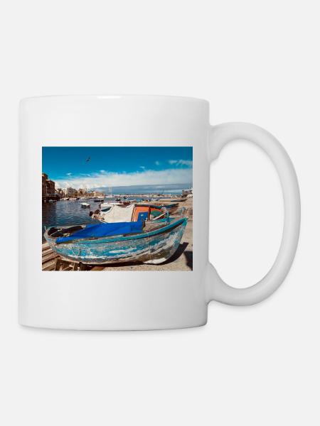 Blue boats in the harbor - Mug - white