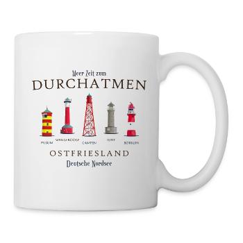 Ostfriesland, handgezeichnete Leuchttürme - Tasse - Weiß - Rechts