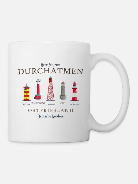 Ostfriesland, handgezeichnete Leuchttürme - Tasse - Weiß