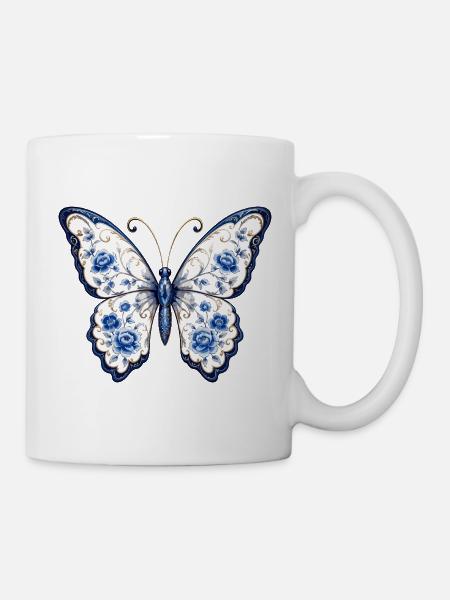 Blaues Blüten-Schmetterling Motiv - Tasse - Weiß