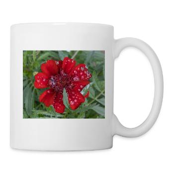 Rote Kleinblattblüte, bedeckt mit Wassertropfen, - Tasse - Weiß - Rechts