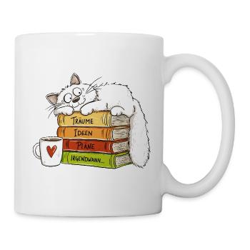 Katze Kaffee Bücher Träume Ideen Pläne Chillen Hum - Tasse - Weiß - Rechts