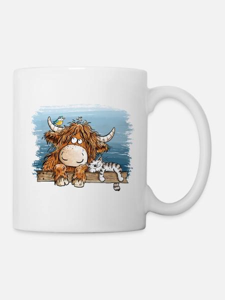 Highland Kuh Mit Katze Bauernhof Tierhumor Cartoon - Tasse - Weiß
