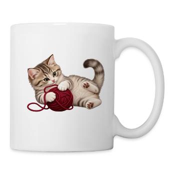 Katze mit Wollknäuel – Geschenk für Katzenfans - Tasse - Weiß - Rechts
