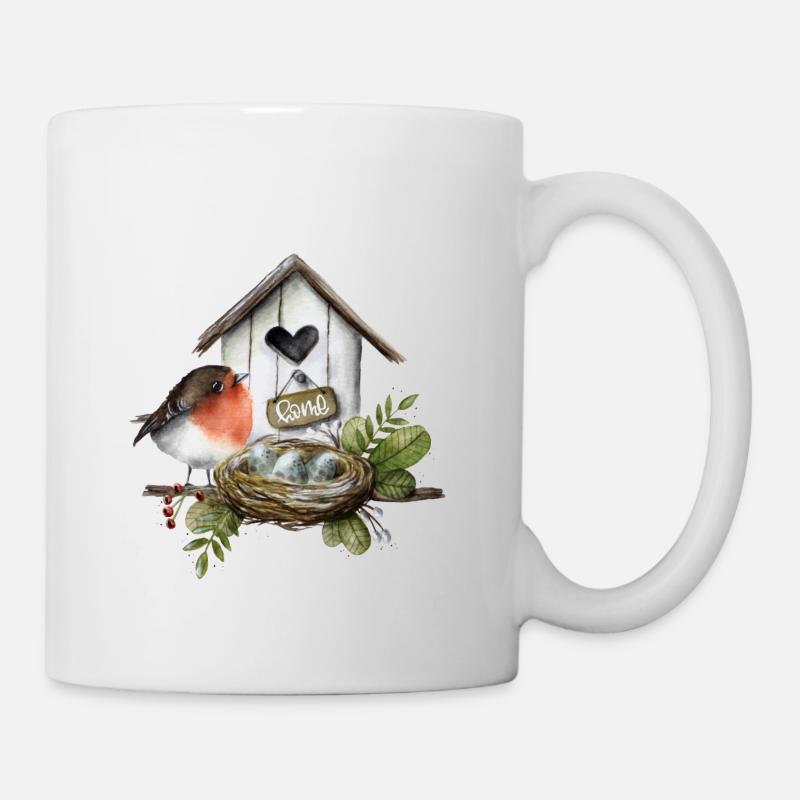 Vogelhaus mit Rotkehlchen - Tasse - Weiß