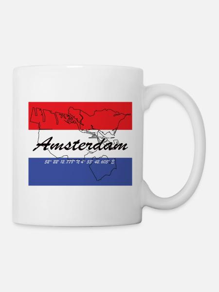 Amsterdam - Niederlandes Hauptstadt, GPS, Flagge - Tasse - Weiß