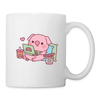 Nettes Schwein kühlt mit Laptop Boba Tee Und Nudeln - Tasse - Weiß - Rechts